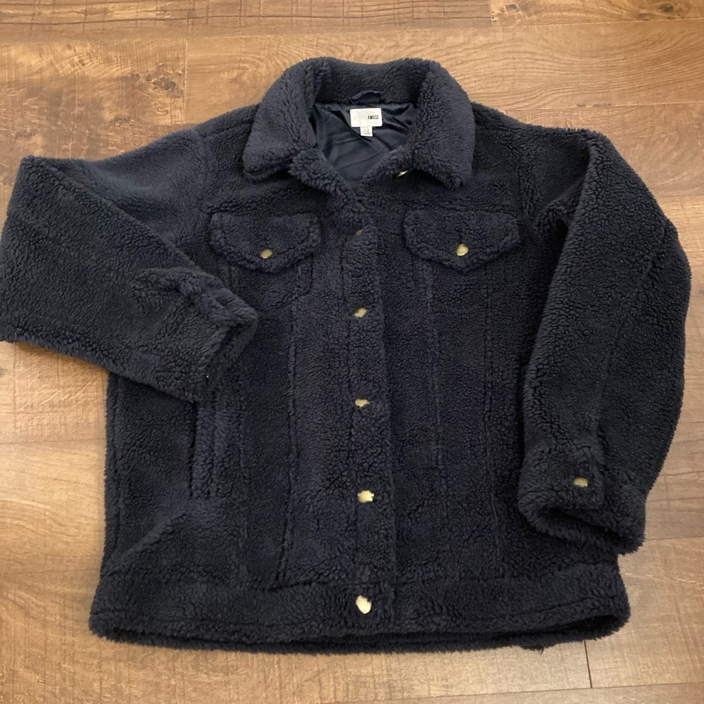 Amuse Society Shea Sherpa Navy Teddy Jacket Collared Button-up Women’s L
